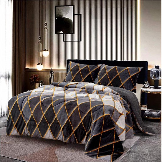 Pilota cu Blăniță + 2 Fețe de Pernă – 200x230 cm, Model Carouri Gri cu Linii Aurii, PDC-019 Pilote Iarna cu Blana
