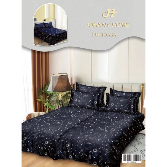 Lenjerie Pat Dublu 7 Piese Bumbac Satinat cu 2 Huse Pilotă - Model Constelații Albastru Închis, LFS-059 Lenjerii Bumbac Satinat Superior