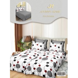 Lenjerie Pat Dublu 7 Piese Bumbac Satinat cu 2 Huse Pilotă - Model Cercuri Abstracte – Alb, Gri, Negru și Roșu, LFS-128