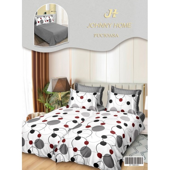 Lenjerie Pat Dublu 7 Piese Bumbac Satinat cu 2 Huse Pilotă - Model Cercuri Abstracte – Alb, Gri, Negru și Roșu, LFS-128 Lenjerii Bumbac Satinat Superior