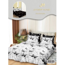 Lenjerie Pat Dublu 7 Piese Bumbac Satinat cu 2 Huse Pilotă - Model Fluturi – Alb cu Negru, LFS-129