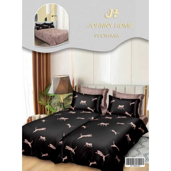 Lenjerie Pat Dublu 7 Piese Bumbac Satinat cu 2 Huse Pilotă - Model Leopard – Negru cu Imprimeu Bej, LFS-131 Lenjerii Bumbac Satinat Superior