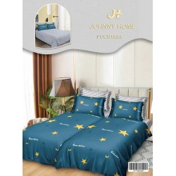 Lenjerie Pat Dublu 7 Piese Bumbac Satinat cu 2 Huse Pilotă - Model Stele – Albastru cu Imprimeu Galben, LFS-132