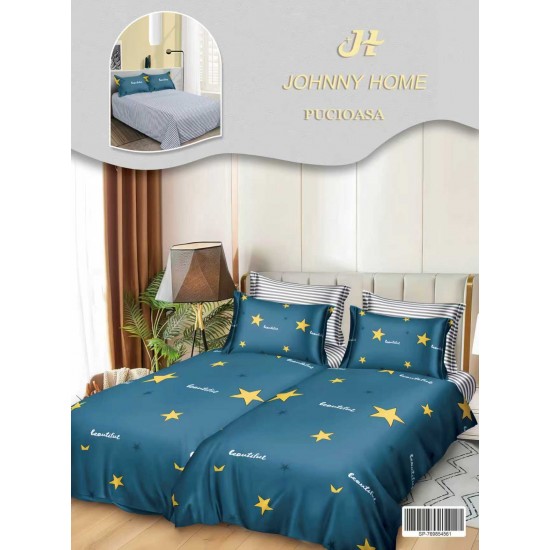 Lenjerie Pat Dublu 7 Piese Bumbac Satinat cu 2 Huse Pilotă - Model Stele – Albastru cu Imprimeu Galben, LFS-132 Lenjerii Bumbac Satinat Superior