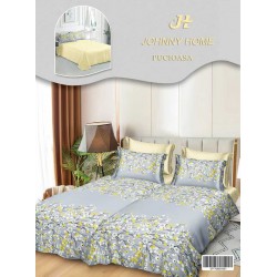 Lenjerie Pat Dublu 7 Piese Bumbac Satinat cu 2 Huse Pilotă - Model Floral  – Gri cu Accente Galbene și Albe, LFS-136