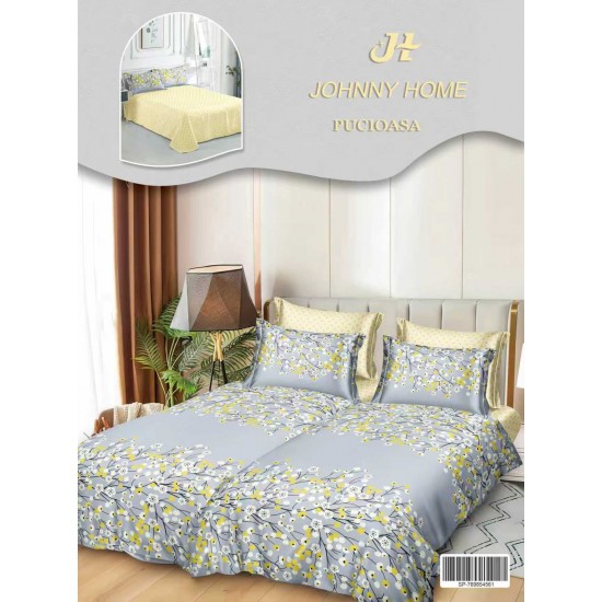 Lenjerie Pat Dublu 7 Piese Bumbac Satinat cu 2 Huse Pilotă - Model Floral  – Gri cu Accente Galbene și Albe, LFS-136 Lenjerii Bumbac Satinat Superior