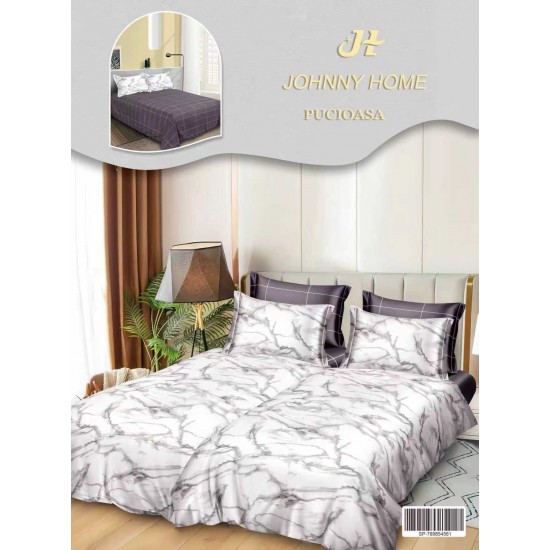 Lenjerie Pat Dublu 7 Piese Bumbac Satinat cu 2 Huse Pilotă - Model Marmura  – Alb cu Gri, LFS-137 Lenjerii Bumbac Satinat Superior