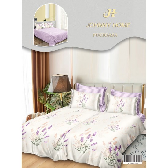 Lenjerie Pat Dublu 7 Piese Bumbac Satinat cu 2 Huse Pilotă - Model Floral Lavandă – Alb cu Mov și Verde, LFS-138 Lenjerii Bumbac Satinat Superior