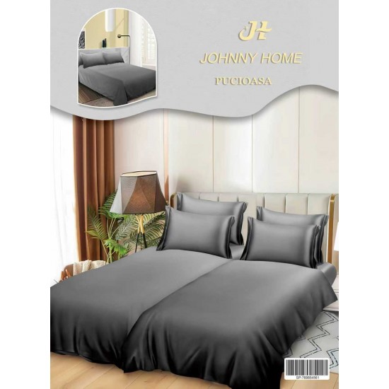 Lenjerie Pat Dublu 7 Piese Bumbac Satinat cu 2 Huse Pilotă - Model Uni – Gri Degrade, LFS-141 Lenjerii Bumbac Satinat Superior