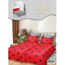 Lenjerie Pat Dublu 7 Piese Bumbac Satinat cu 2 Huse Pilotă - Model Stele Negre pe fundal Roșu, LFS-142