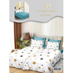Lenjerie Pat Dublu 7 Piese Bumbac Satinat cu 2 Huse Pilotă - Model Stele -  Auriu și Negru, LFS-143