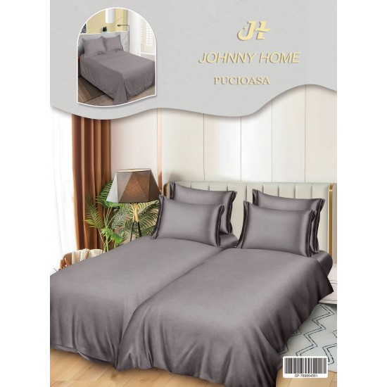 Lenjerie Pat Dublu 7 Piese Bumbac Satinat cu 2 Huse Pilotă - Model Uni - Gri, LFS-145 Lenjerii Bumbac Satinat Superior