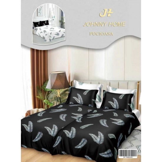 Lenjerie Pat Dublu 7 Piese Bumbac Satinat cu 2 Huse Pilotă - Model Frunze - Negru cu Imprimeu Alb, LFS-146 Lenjerii Bumbac Satinat Superior