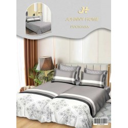 Lenjerie Pat Dublu 7 Piese Bumbac Satinat cu 2 Huse Pilotă - Model Dungi - Gri cu Alb și Negru, LFS-147