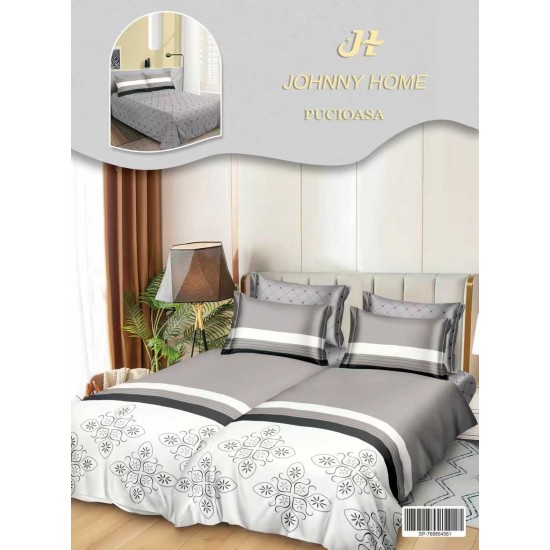 Lenjerie Pat Dublu 7 Piese Bumbac Satinat cu 2 Huse Pilotă - Model Dungi - Gri cu Alb și Negru, LFS-147 Lenjerii Bumbac Satinat Superior