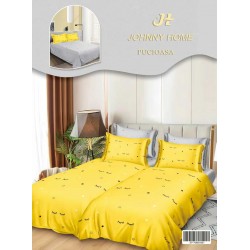 Lenjerie Pat Dublu 7 Piese Bumbac Satinat cu 2 Huse Pilotă - Model Stele și Gene - Galben și Negru, LFS-148