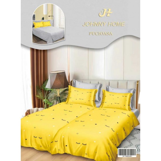 Lenjerie Pat Dublu 7 Piese Bumbac Satinat cu 2 Huse Pilotă - Model Stele și Gene - Galben și Negru, LFS-148 Lenjerii Bumbac Satinat Superior