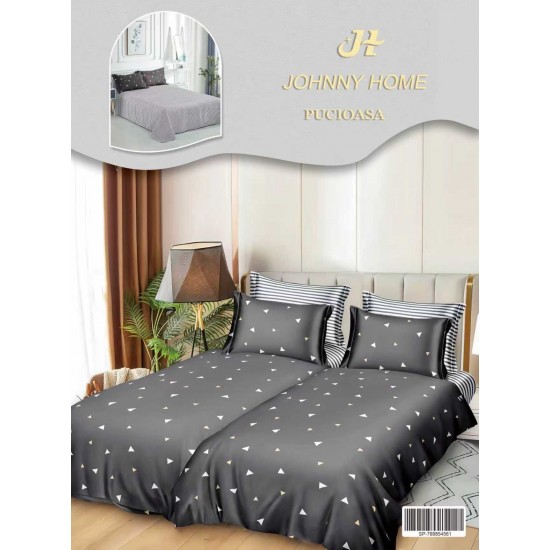 Lenjerie Pat Dublu 7 Piese Bumbac Satinat cu 2 Huse Pilotă - Model Triunghiuri - Gri și Alb, LFS-149 Lenjerii Bumbac Satinat Superior