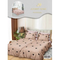 Lenjerie Pat Dublu 7 Piese Bumbac Satinat cu 2 Huse Pilotă - Model Inimioare - Bej și Negru, LFS-150