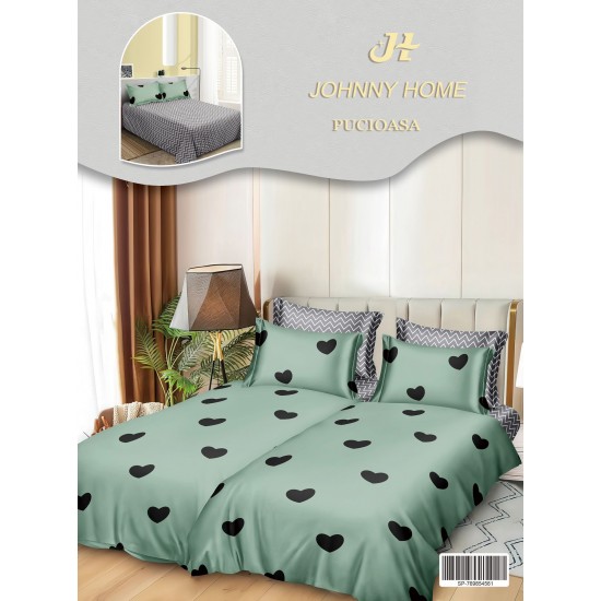 Lenjerie Pat Dublu 7 Piese Bumbac Satinat cu 2 Huse Pilotă - Model Inimioare - Verde și Negru, LFS-152 Lenjerii Bumbac Satinat Superior
