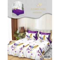 Lenjerie Pat Dublu 7 Piese Bumbac Satinat cu 2 Huse Pilotă - Model Fluturi și Flori - Alb cu Mov și Galben, LFS-154