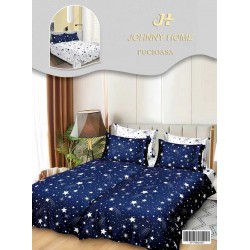 Lenjerie Pat Dublu 7 Piese Bumbac Satinat cu 2 Huse Pilotă - Model Stele - Albastru cu Alb, LFS-155