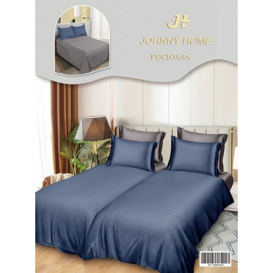 Lenjerie Pat Dublu 7 Piese Bumbac Satinat cu 2 Huse Pilotă - Model Uni - Albastru inchis, LFS-156 Lenjerii Bumbac Satinat Superior