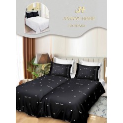 Lenjerie Pat Dublu 7 Piese Bumbac Satinat cu 2 Huse Pilotă - Model Stele si Gene - Negru cu Alb, LFS-157