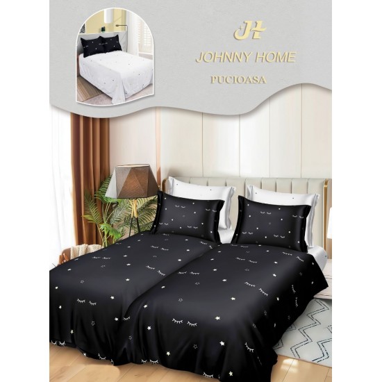 Lenjerie Pat Dublu 7 Piese Bumbac Satinat cu 2 Huse Pilotă - Model Stele si Gene - Negru cu Alb, LFS-157 Lenjerii Bumbac Satinat Superior