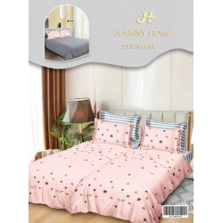 Lenjerie Pat Dublu 7 Piese Bumbac Satinat cu 2 Huse Pilotă - Model Stele - Roz cu Imprimeu Multicolor, LFS-158