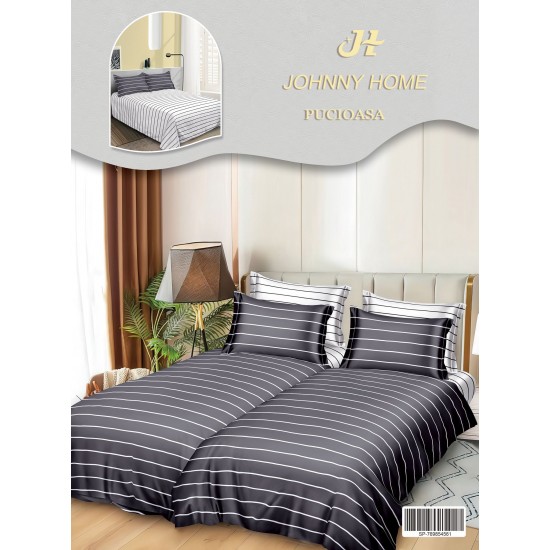 Lenjerie Pat Dublu 7 Piese Bumbac Satinat cu 2 Huse Pilotă - Model Dungi - Negru si Alb, LFS-160 Lenjerii Bumbac Satinat Superior