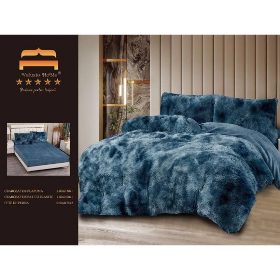 Lenjerie Cocolino Fluffy pat dublu cu elastic albastru degrade, LFF-001 Lenjerii Cocolino Fluffy 4 piese