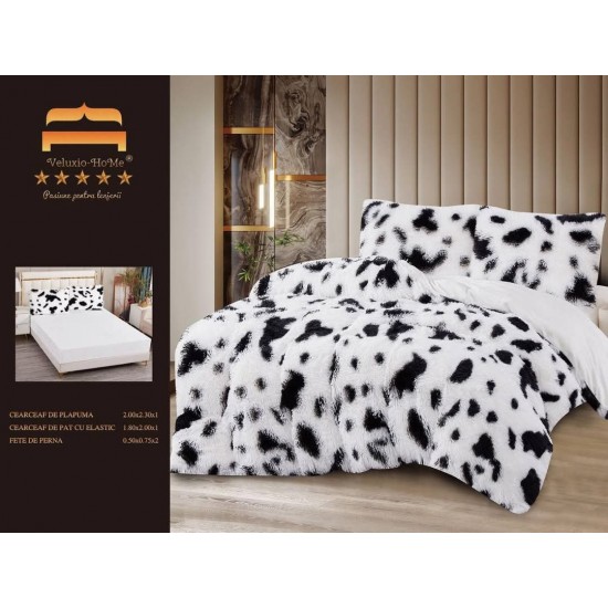 Lenjerie Cocolino Fluffy pat dublu cu elastic imprimeu dalmatian alb - negru , LFF-002 Lenjerii Cocolino Fluffy 4 piese