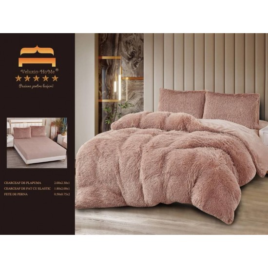 Lenjerie Cocolino Fluffy pat dublu cu elastic roz pudra , LFF-003 Lenjerii Cocolino Fluffy 4 piese