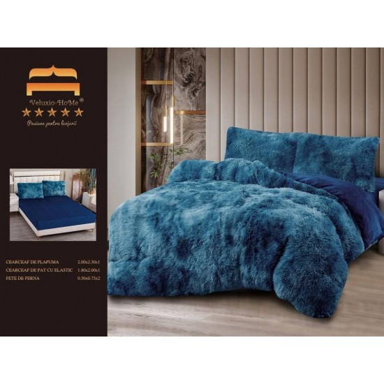Lenjerie Cocolino Fluffy pat dublu cu elastic albastru închis degrade, LFF-004 Lenjerii Cocolino Fluffy 4 piese