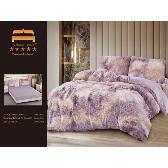 Lenjerie Cocolino Fluffy pat dublu cu elastic mov - bej degrade, LFF-005 Lenjerii Cocolino Fluffy 4 piese