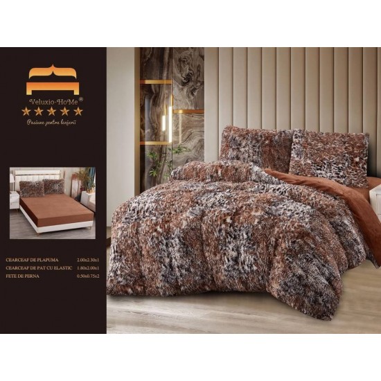 Lenjerie Cocolino Fluffy pat dublu cu elastic maro - bej degrade, LFF-006 Lenjerii Cocolino Fluffy 4 piese