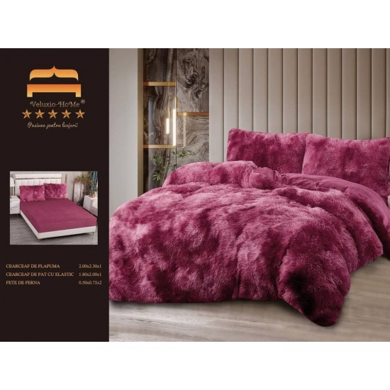 Lenjerie Cocolino Fluffy pat dublu cu elastic visiniu - bordo degrade, LFF-007 Lenjerii Cocolino Fluffy 4 piese
