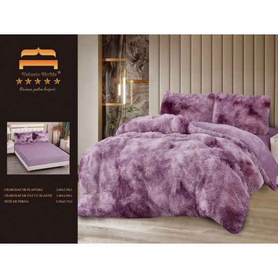 Lenjerie Cocolino Fluffy pat dublu cu elastic mov - lila degrade, LFF-008 Lenjerii Cocolino Fluffy 4 piese