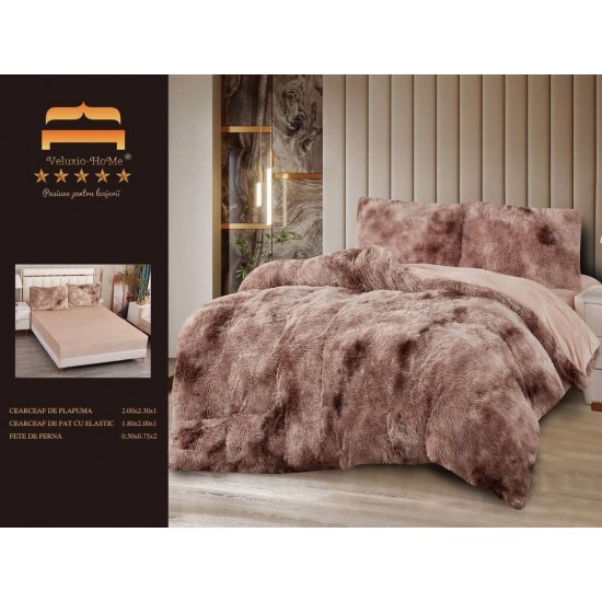 Lenjerie Cocolino Fluffy pat dublu cu elastic maro - cappuccino degrade, LFF-009 Lenjerii Cocolino Fluffy 4 piese