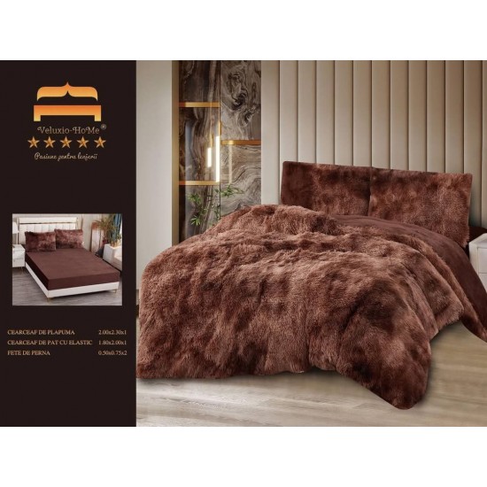 Lenjerie Cocolino Fluffy pat dublu cu elastic maro - ciocolatiu degrade, LFF-010 Lenjerii Cocolino Fluffy 4 piese