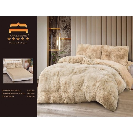 Lenjerie Cocolino Fluffy pat dublu cu elastic bej degrade, LFF-012 Lenjerii Cocolino Fluffy 4 piese