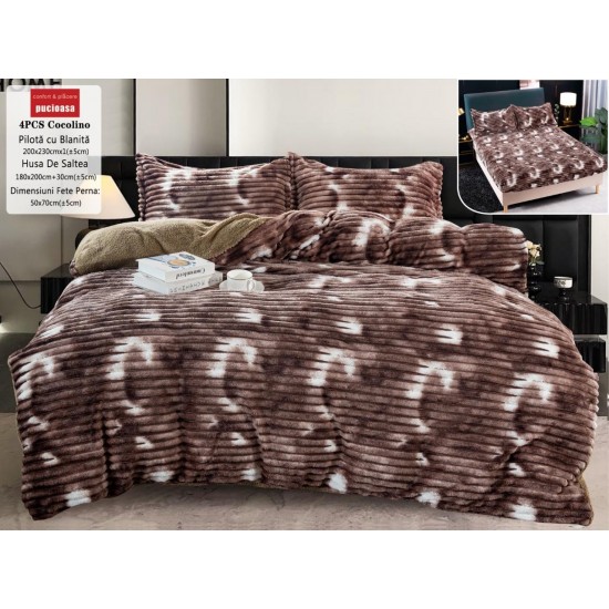 Lenjerie Cocolino din Blăniță Artificială Iepure 4 Piese Pat Dublu – Maro Degrade, LCE-057 Lenjerii Blanita Iepure