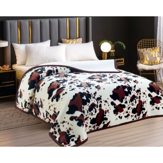 Pătură Cocolino cu blăniță 200x230 cm – moale, călduroasă și premium - Alb - Maro, model animal print, PBC-010 Paturi cu Blanita