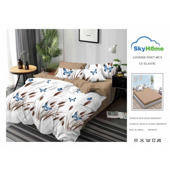 Lenjerie Pat Dublu Finet 4 Piese cu Elastic – Model Fluturi Albaștri și Spice Maro, LDE-127 Lenjerii Finet 4 piese cu ELASTIC