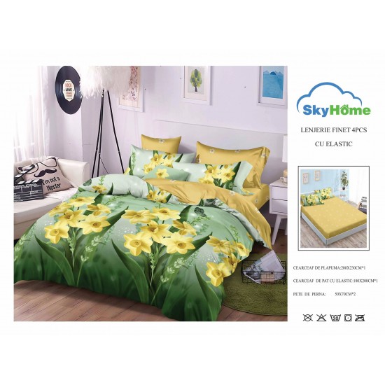 Lenjerie Pat Dublu Finet 4 Piese cu Elastic – Model Inimi Galben, LDE-220 Lenjerii Finet 4 piese cu ELASTIC