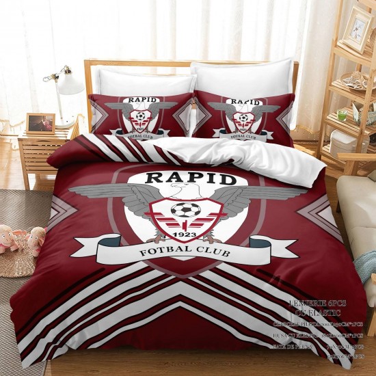 Lenjerie Pat Dublu 6 Piese Finet cu Elastic – Model Rapid București, Visiniu, LRB-003 Lenjerii de pat cu echipe de fotbal