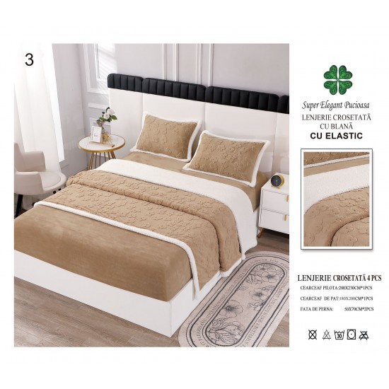Lenjerie Pat Dublu 4 Piese Croșetată cu Blăniță – Maro Bej, cu Elastic, LCT-004 Lenjerii Cocolino tip Tricotaj