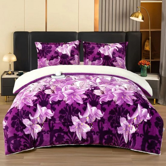 Pilota cu Blăniță 200x230 cm + 2 Fețe de Pernă – Model Floral Mov cu Liliac, PDC-061 Pilote Iarna cu Blana