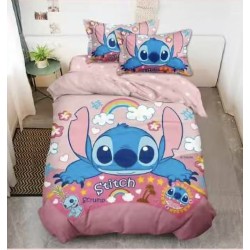 Lenjerie Finet 4 Piese Pat o Persoană Roz cu Personaj Stitch – Model Animat, LCC-046